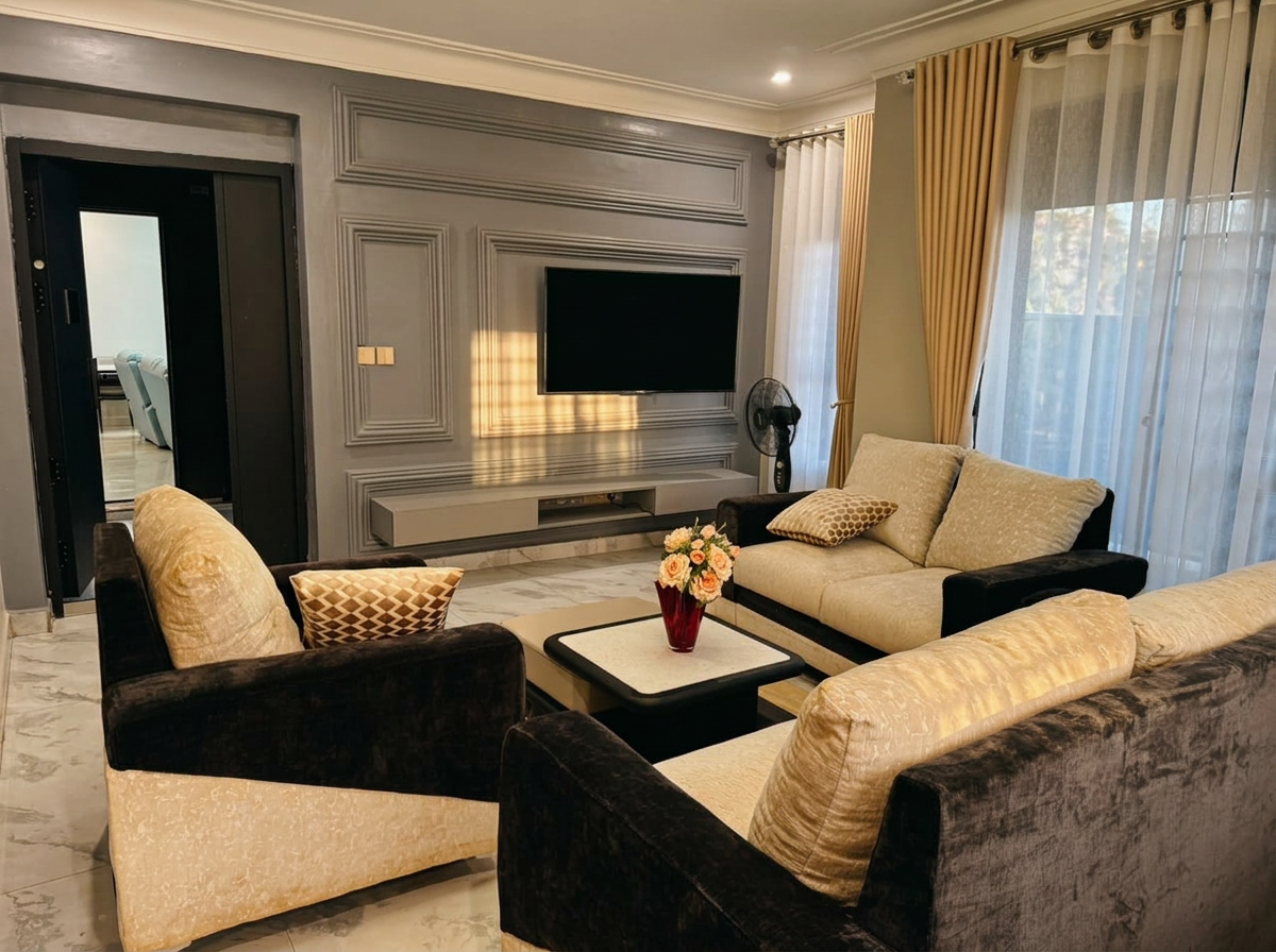 Furnished lounge with wall moulding and warm afternoon light